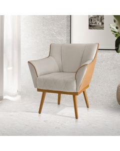 Poltrona Decorativa Floresta Base em Madeira Veludo Bege com Courino