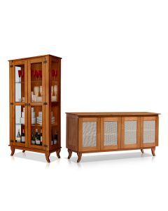 Kit Sala de Jantar Cristaleira com Buffet 4 Portas em Madeira Maciça Acabamento Premium Castanho