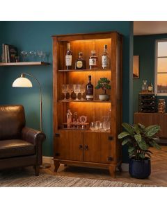 Barzinho Adega com Led em Madeira Maciça 2 Portas e Prateleiras Vintage Rubi Imperial Castanho