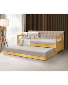 Sofá Cama Dublin Estofado Capitonê Veludo Bege Madeira com Cama Auxiliar - Imbuia