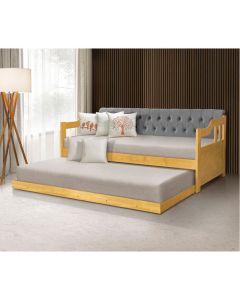 Sofá Cama Dublin Estofado Capitonê Veludo Cinza Madeira com Cama Auxiliar - Imbuia