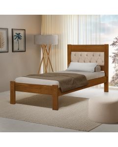 Cama de Solteiro de Madeira Castanho Viena com Cabeceira Estofada Veludo Bege