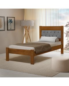 Cama de Solteiro de Madeira Castanho Viena com Cabeceira Estofada Veludo Cinza
