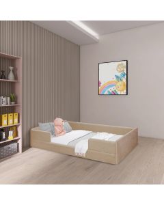 Cama Montessoriana de Criança Luana em Madeira Maciça com Revestimento em Tecido Bege