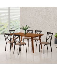 Mesa Sala de Jantar Industrial em Madeira Maciça Millena com 6 Cadeiras Karen Preta 160x80 Castanho