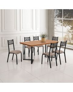 Conjunto Sala de Jantar Industrial Michigan 1,60 Tampo Castanho com 6 Cadeiras Jasmin Assento Bege