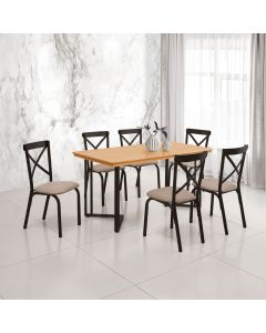 Conjunto Sala de Jantar Industrial Michigan 1,60 Tampo Imbuia com 6 Cadeiras Karen Assento Bege