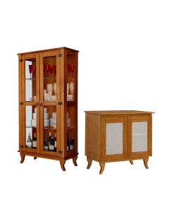 Kit Cristaleira Alta com Buffet Madeira Maciça Acabamento Premium para Sala - Castanho