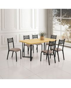 Conjunto Sala de Jantar Industrial Michigan 1,60 Tampo Imbuia com 6 Cadeiras Karen Assento Bege