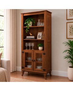 Estante Livreiro Elegante Multifuncional Rústica com 2 Portas Vidro Madeira Maciça Madri Castanho