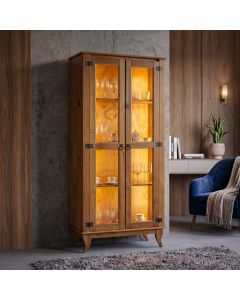 Cristaleira Alta em Madeira com 2 Portas de Vidro e Iluminação Led para Sala - Castanho
