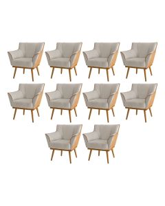 Kit 10 Poltronas Decorativas Floresta Base em Madeira Veludo Bege com Courino