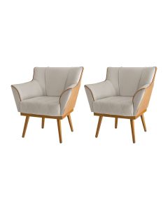 Kit 2 Poltronas Decorativas Floresta Base em Madeira Veludo Bege com Courino