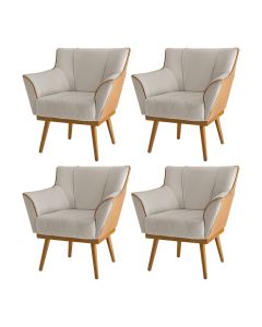 Kit 4 Poltronas Decorativas Floresta Base em Madeira Veludo Bege com Courino