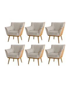 Kit 6 Poltronas Decorativas Floresta Base em Madeira Veludo Bege com Courino