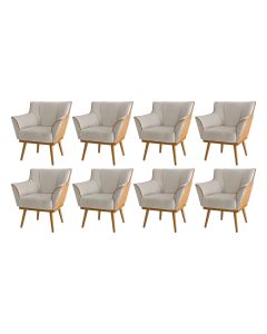 Kit 8 Poltronas Decorativas Floresta Base em Madeira Veludo Bege com Courino