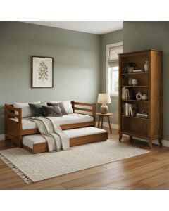 Kit Sofá Cama Enjoy em Madeira Maciça com Estante Livreiro Sofisticada Aberta Castanho