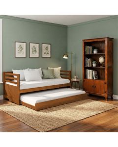Conjunto Sofá Cama Enjoy em Madeira Maciça com Estante Livreiro Sofisticada 2 Portas Castanho