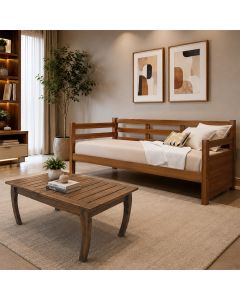 Conjunto Sofá Cama Enjoy Mona Madeira Maciça com Mesa de Centro Polo em Madeira Maciça Castanho
