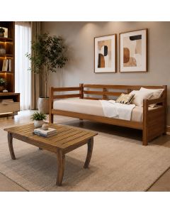 Kit Sofá Cama Enjoy Mona Madeira Maciça com Mesa de Centro Polo em Madeira Maciça Freijo