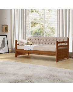Sofá Cama Solteiro Verona Mona Castanho Estofado Capitonê Veludo Bege Acompanha 1 Colchão