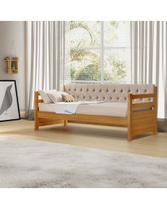 Sofá Cama Solteiro Verona Mona Imbuia Estofado Capitonê Veludo Bege Acompanha 1 Colchão