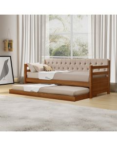 Sofá Cama Solteiro Verona Castanho Estofado Capitonê Veludo Bege com Cama Auxiliar + 2 Colchões