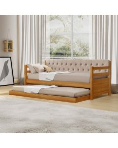Sofá Cama Solteiro Verona Imbuia Estofado Capitonê Veludo Bege com Cama Auxiliar + 2 Colchões