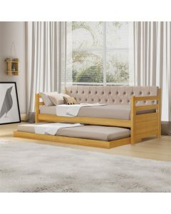 Sofá Cama Solteiro Verona Imbuia Estofado Capitonê Veludo Bege com Cama Auxiliar
