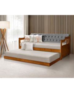 Bicama Dublin Estofado Capitonê Veludo Cinza Madeira com Cama Auxiliar 2 Colchões - Castanho