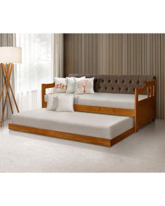 Bicama Dublin Estofado Capitonê Veludo Marrom Madeira com Cama Auxiliar 2 Colchões - Castanho