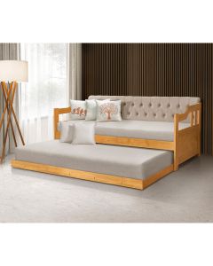 Bicama Dublin Estofado Capitonê Veludo Bege Madeira com Cama Auxiliar 2 Colchões - Imbuia