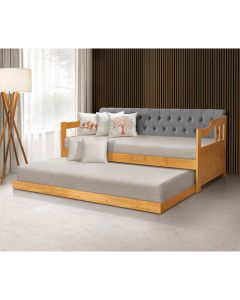 Bicama Dublin Estofado Capitonê Veludo Cinza Madeira com Cama Auxiliar 2 Colchões - Imbuia