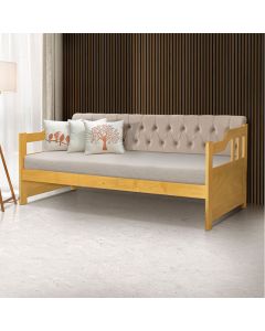 Sofá Cama Dublin Mona Estofado Capitonê Veludo Bege Madeira com 1 Colchão - Imbuia