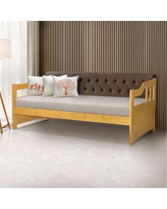 Sofá Cama Dublin Mona Estofado Capitonê Veludo Marrom Madeira com 1 Colchão - Imbuia